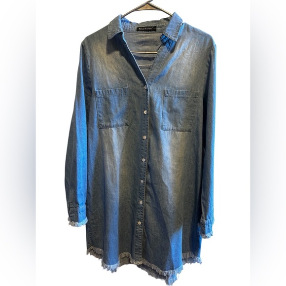 Zilcremo Women Denim Button Down Shirt Dress Long Sleeve Distressed Jean Sz L - Picture 4 of 15